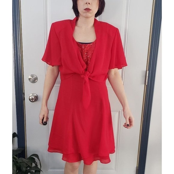 Vintage 90s Red Sequin Party Dress with Bolero Jacket - Picture 2 of 6